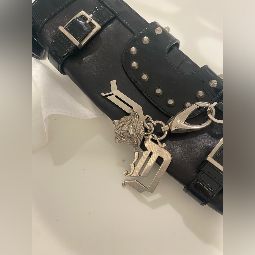 Versace Black Studded Patent Leather Women's Moto Clutch